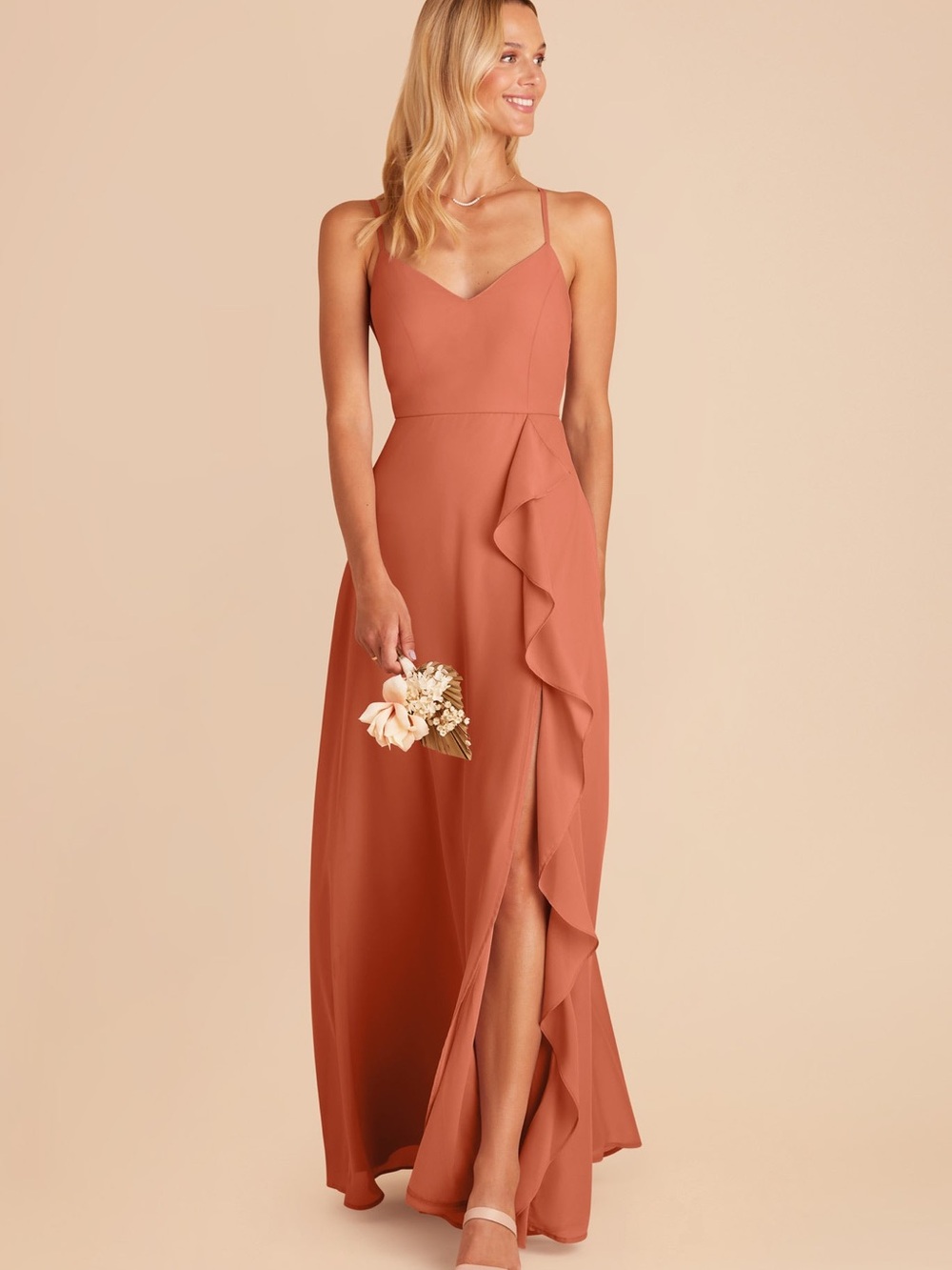 Birdy Grey Terracotta Theresa Chiffon Ruffle Slit Bridesmaid Maxi Dress Size M